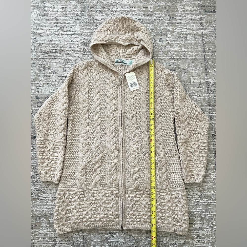 ARAN Ireland 100% Merino Wool Full Zip Sweater Coat Oatmeal L Chunky‎ Fisherman - Picture 7 of 10